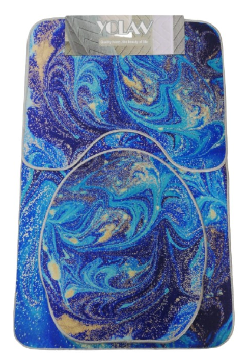 3 Pieces Polyester Bathroom Toilet Seat & Floor Mats Set - Blue
